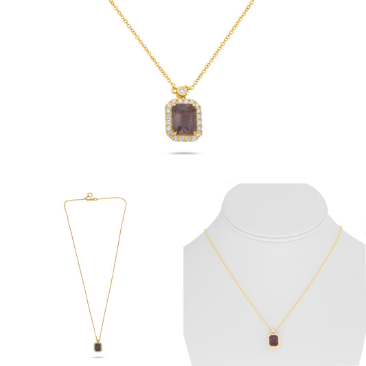 18K Yellow Gold Emerald Cut Pink Sapphire Halo Necklace