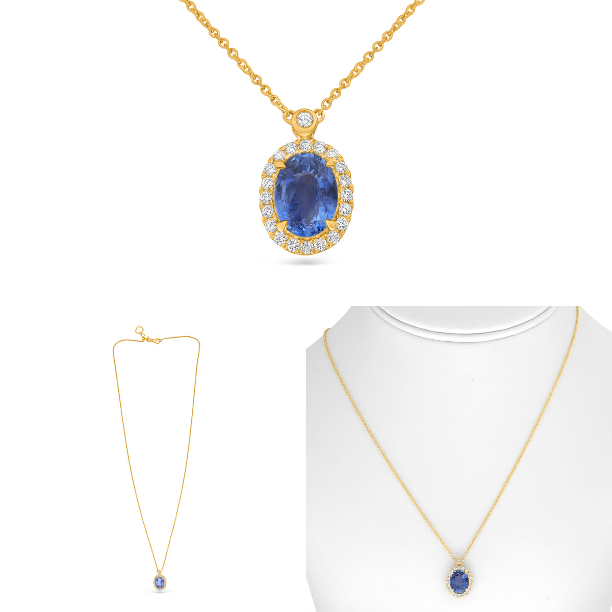 14K Yellow Gold Oval Sapphire Halo Necklace