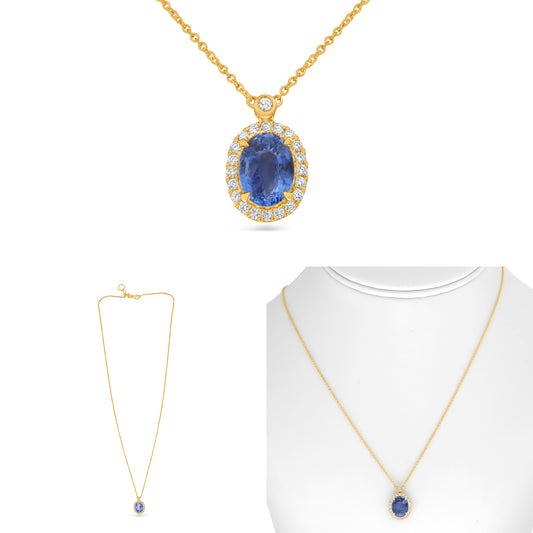 14K Yellow Gold Oval Sapphire Halo Necklace