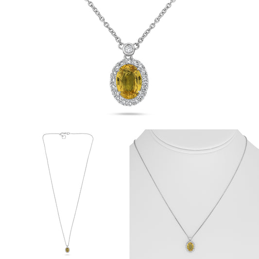 14K White Gold Oval Yellow Sapphire Halo Necklace