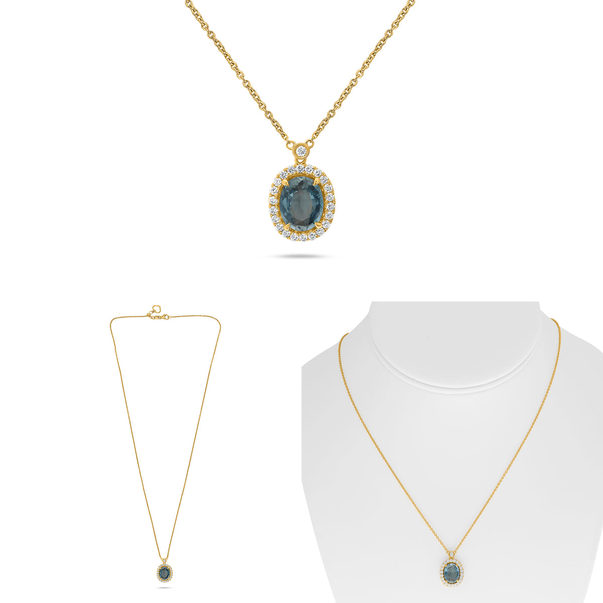 14K Yellow Gold Oval Sapphire Halo Necklace