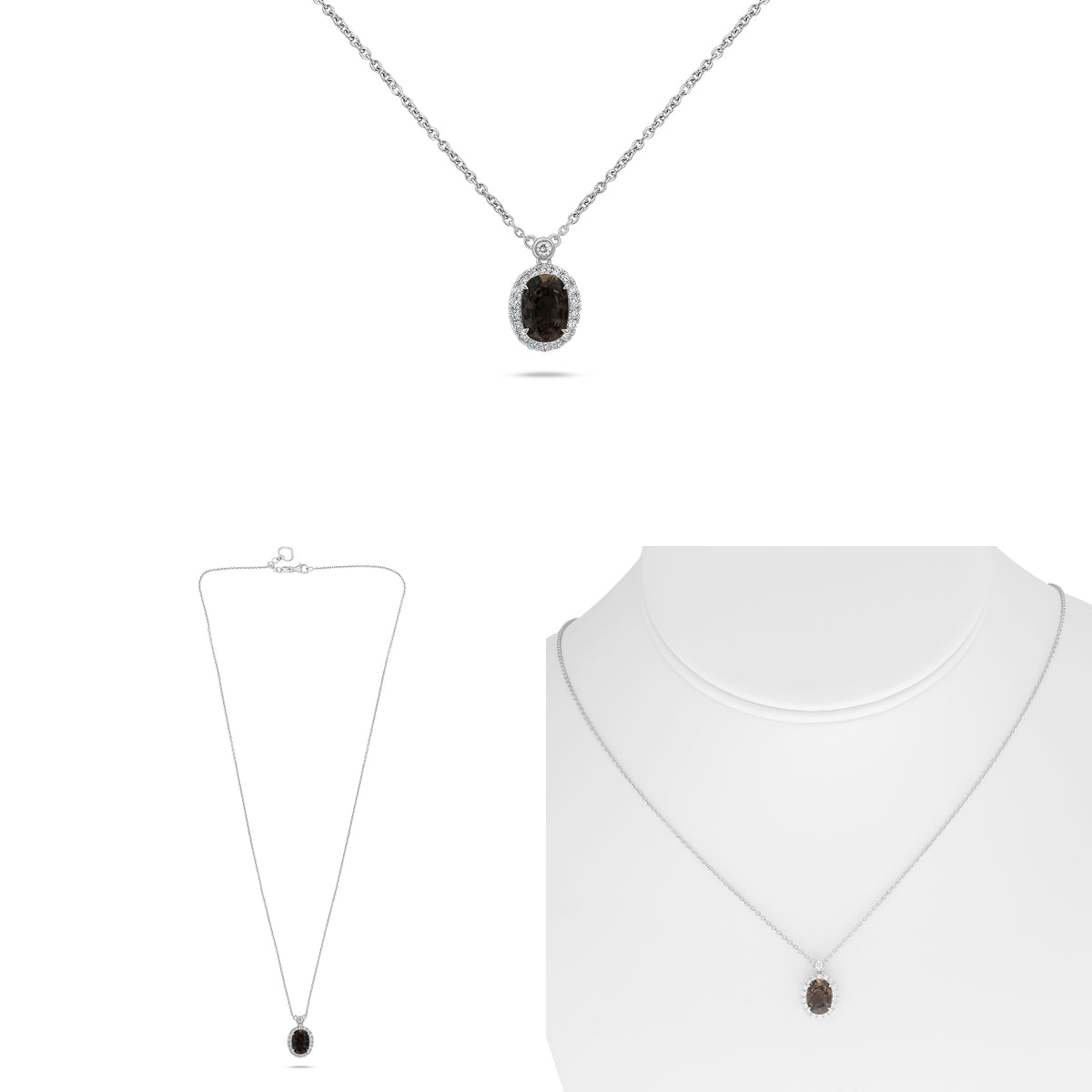 14K White Gold Oval Brown Sapphire Halo Necklace