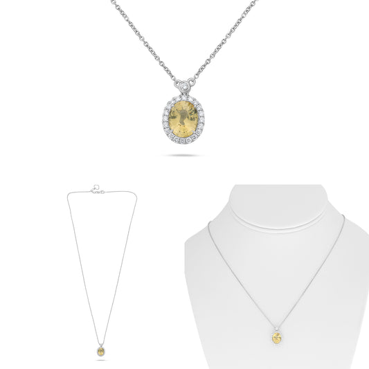 14K White Gold Oval Yellow Sapphire Halo Necklace