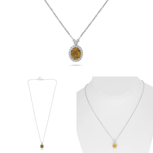 14K White Gold Oval Orange Sapphire Halo Necklace