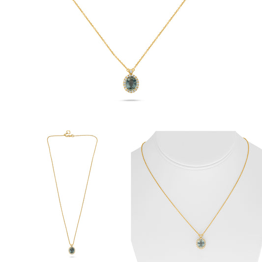 14K Yellow Gold Oval Green Sapphire Halo Necklace