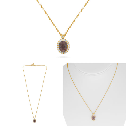 14K Yellow Gold Oval Peach Sapphire Halo Necklace