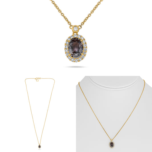 14K Yellow Gold Oval Pink Sapphire Halo Necklace