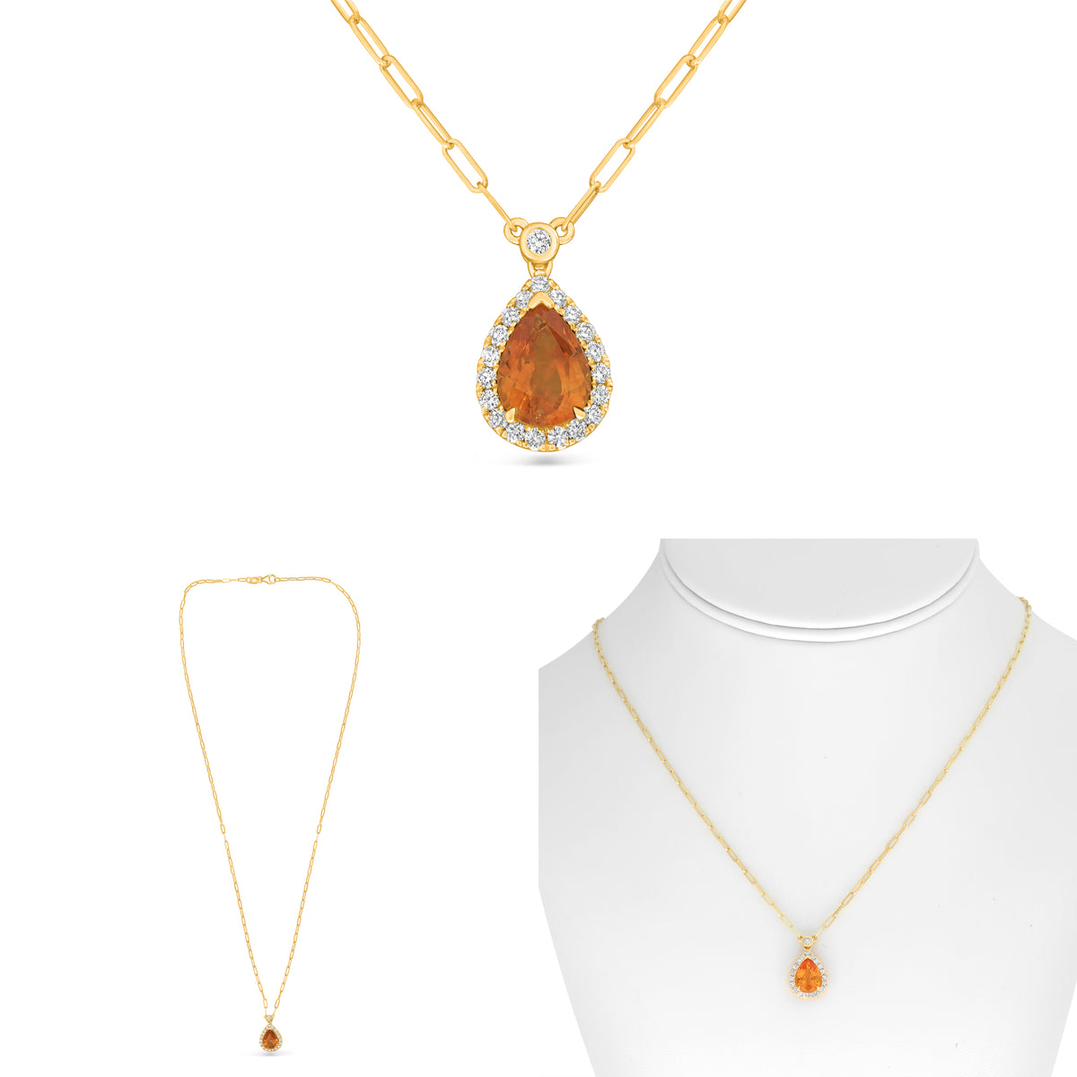 18K Yellow Gold Pear Orange Sapphire Halo Necklace