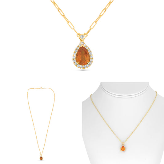 18K Yellow Gold Pear Orange Sapphire Halo Necklace
