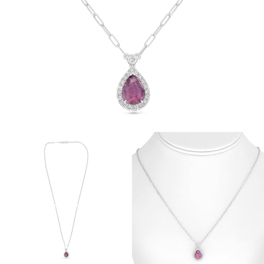 18K White Gold Pear Pink Sapphire Halo Necklace