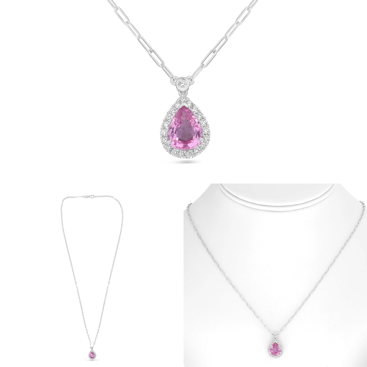 18K White Gold Pear Pink Sapphire Halo Necklace
