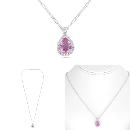 18K White Gold Pear Pink Sapphire Halo Necklace