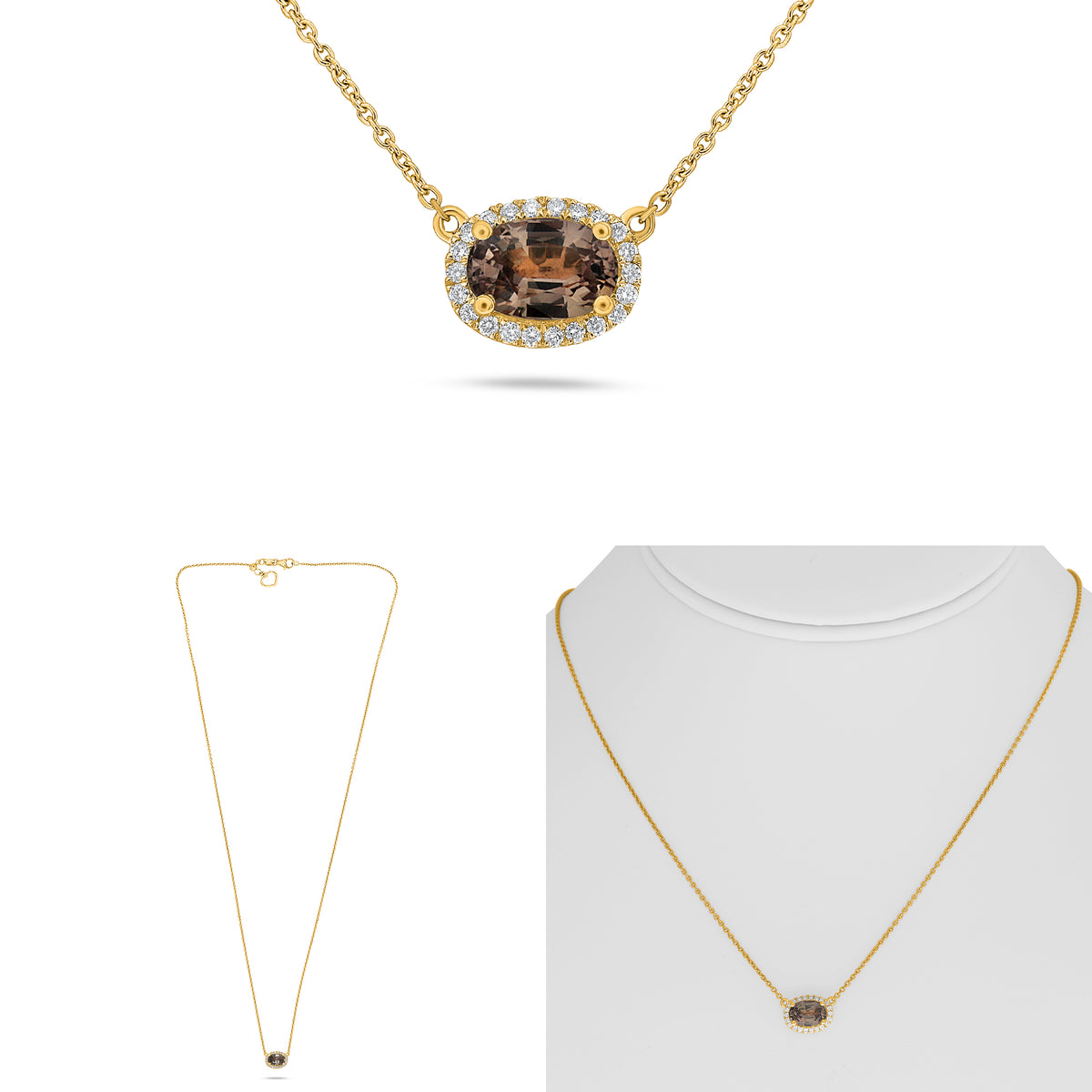 14K Yellow Gold Oval Peach Sapphire Halo Necklace