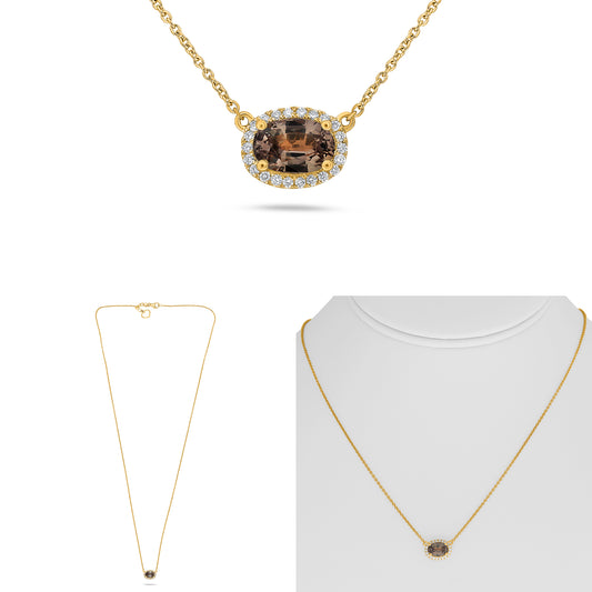 14K Yellow Gold Oval Peach Sapphire Halo Necklace