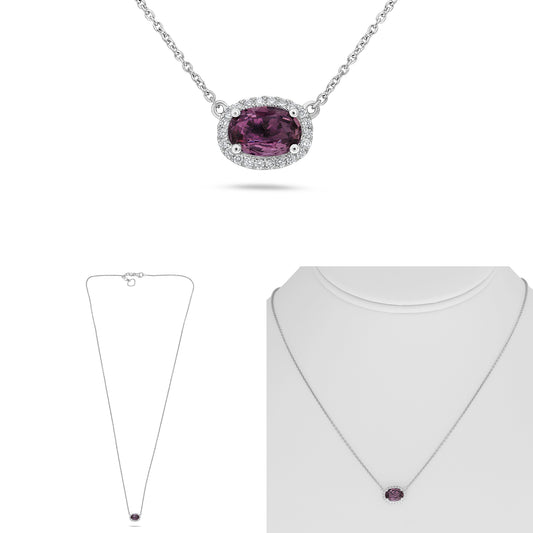 14K White Gold Oval Purple Sapphire Halo Necklace