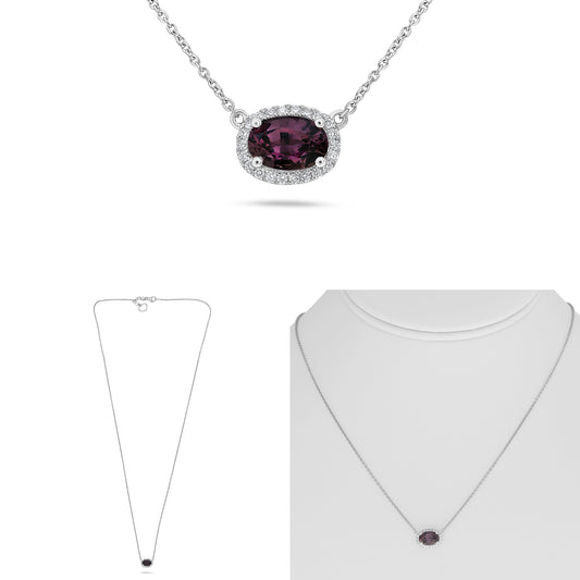 14K White Gold Oval Pink Sapphire Halo Necklace