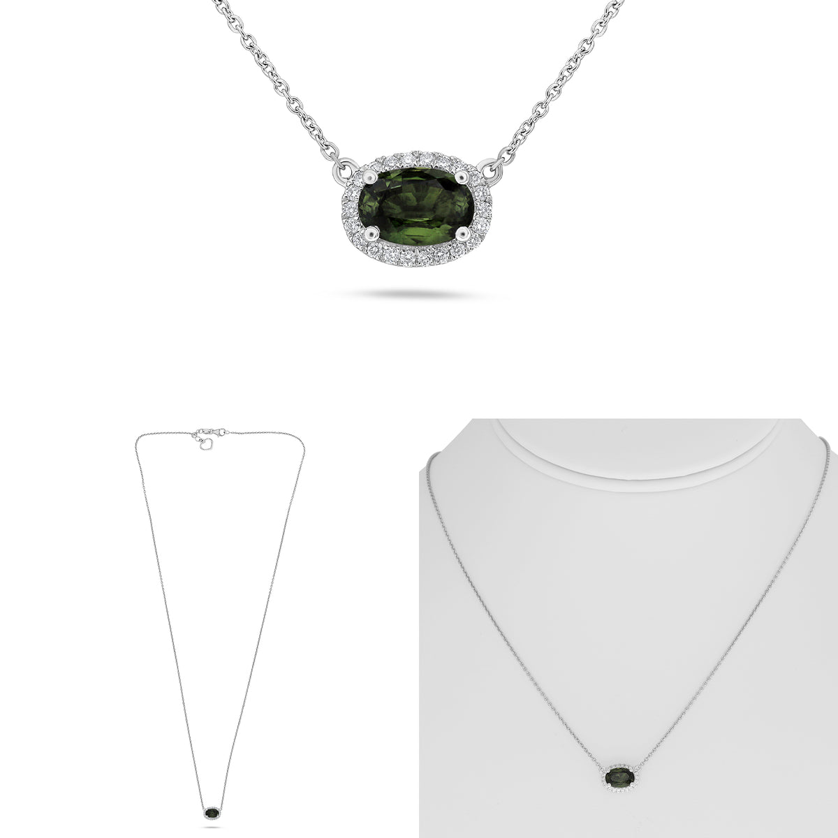 14K White Gold Oval Green Sapphire Halo Necklace