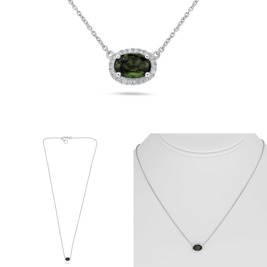 14K White Gold Oval Green Sapphire Halo Necklace