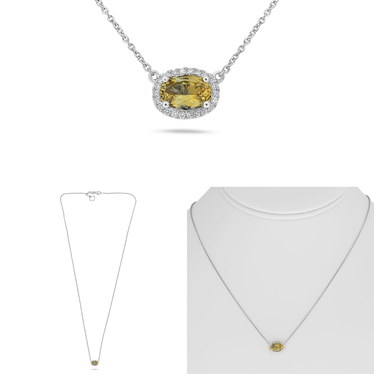 14K White Gold Oval Yellow Sapphire Halo Necklace