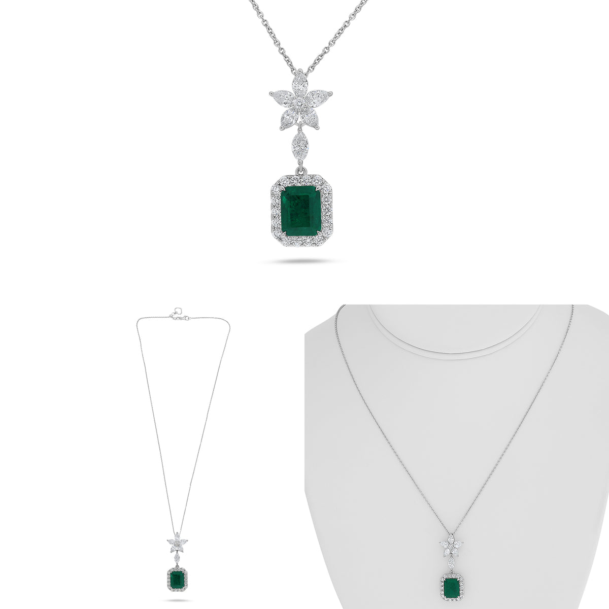 14K White Gold Emerald Cut Emerald Halo Necklace
