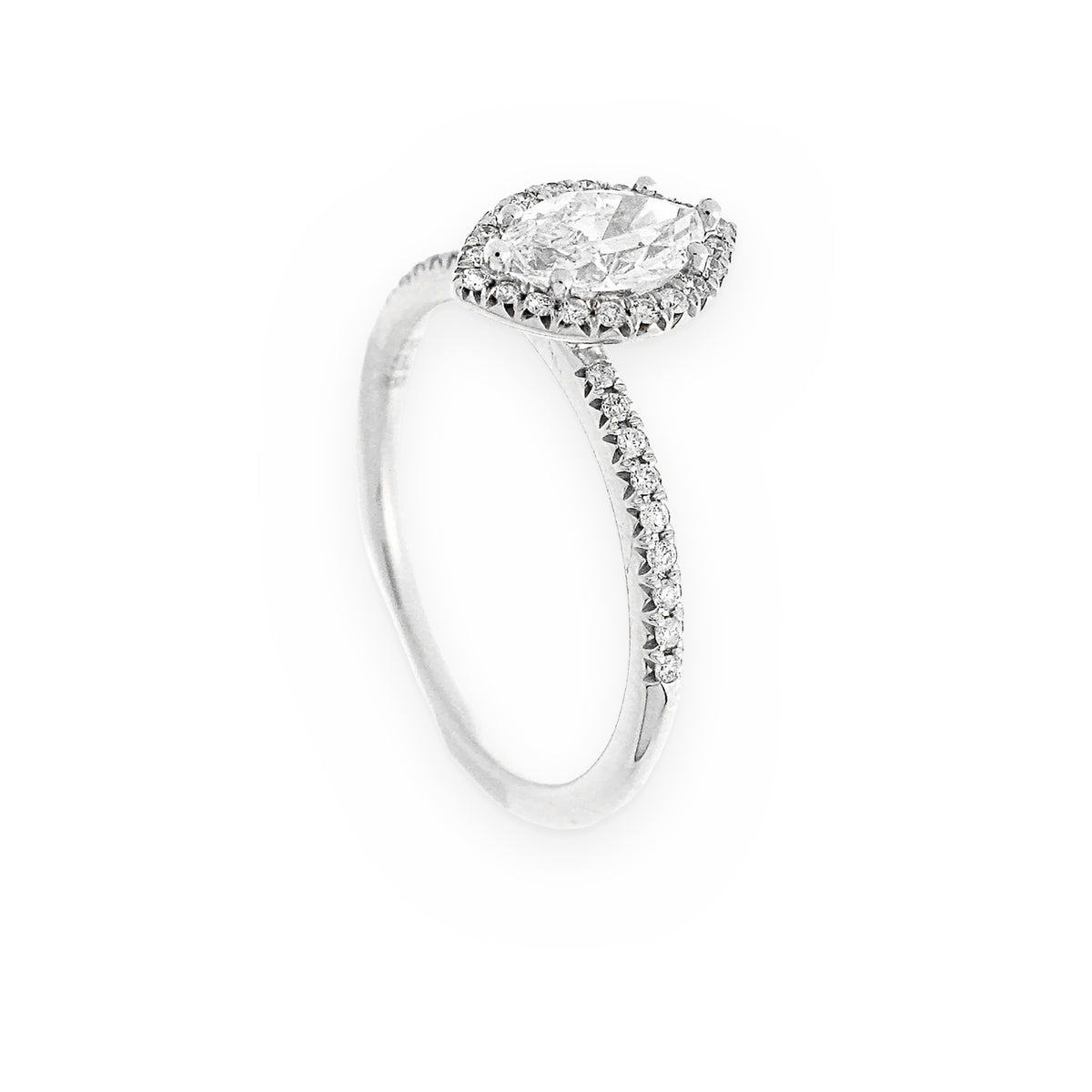 White gold marquise diamond halo engagement ring, angled view