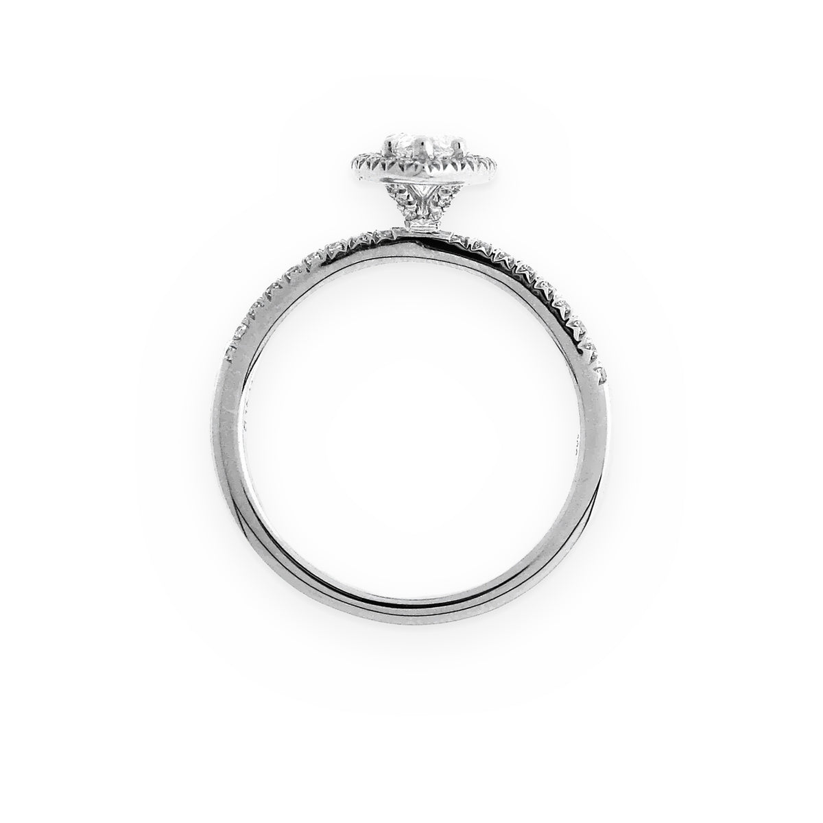 White gold marquise diamond halo engagement ring, profile view