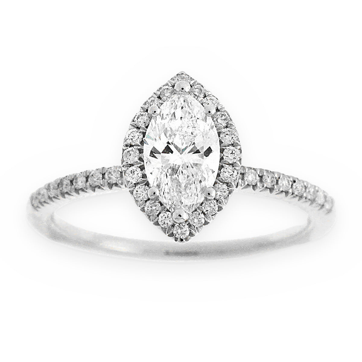 White gold marquise diamond halo engagement ring, top view