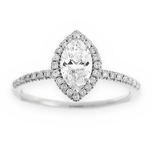White gold marquise diamond halo engagement ring, top view