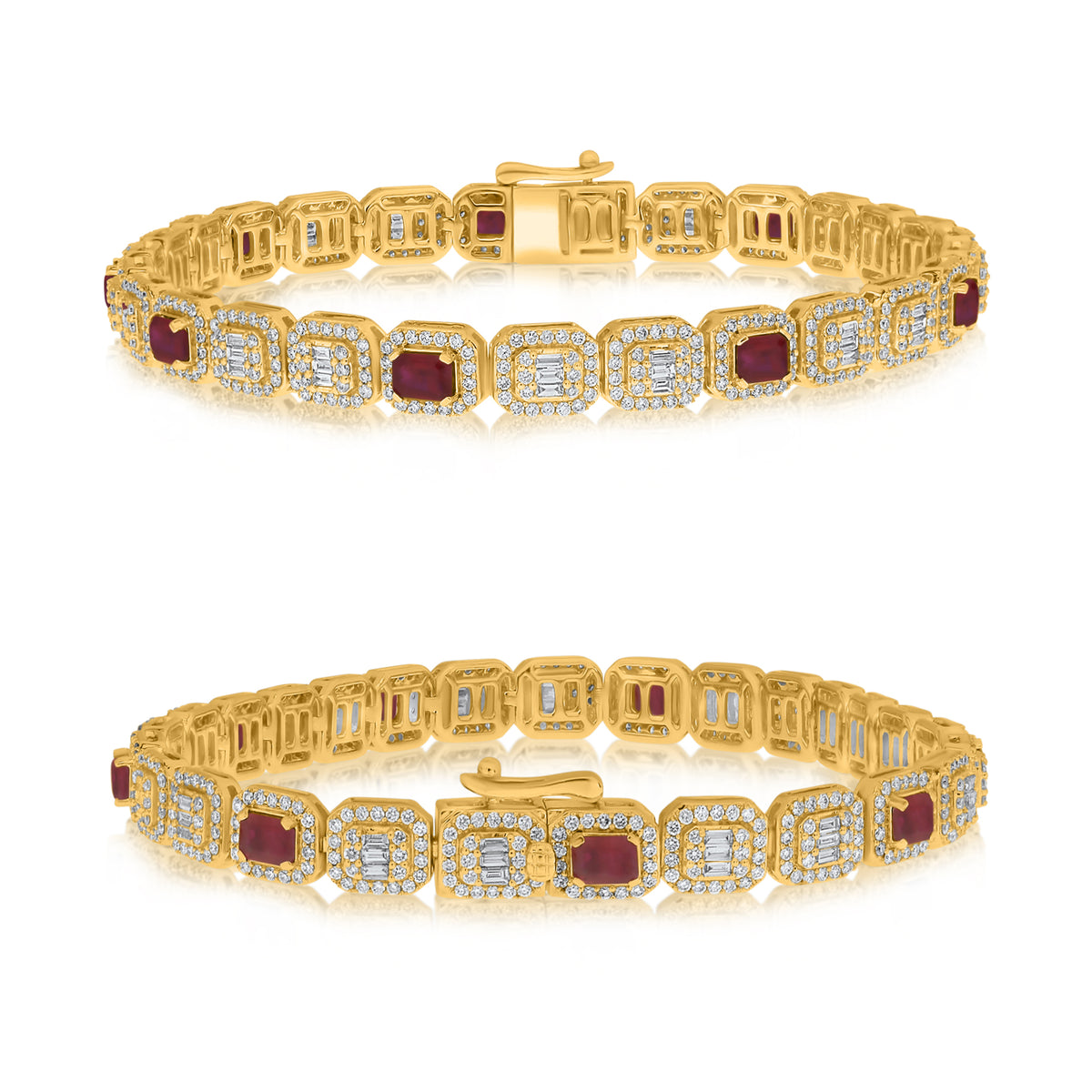 14K Yellow Gold Emerald Cut Ruby Halo Bracelet