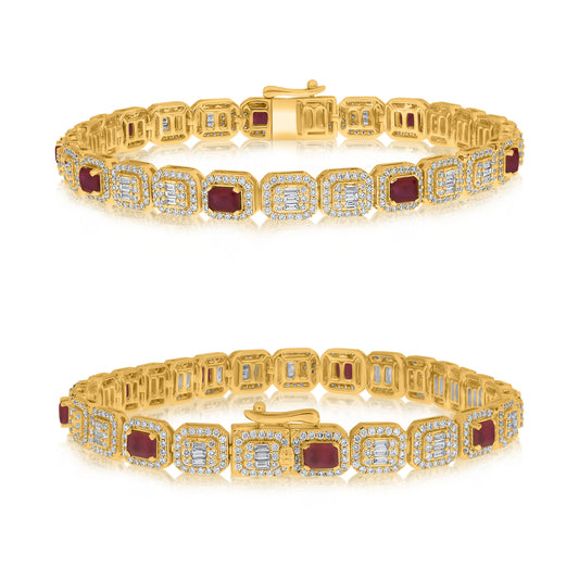 14K Yellow Gold Emerald Cut Ruby Halo Bracelet