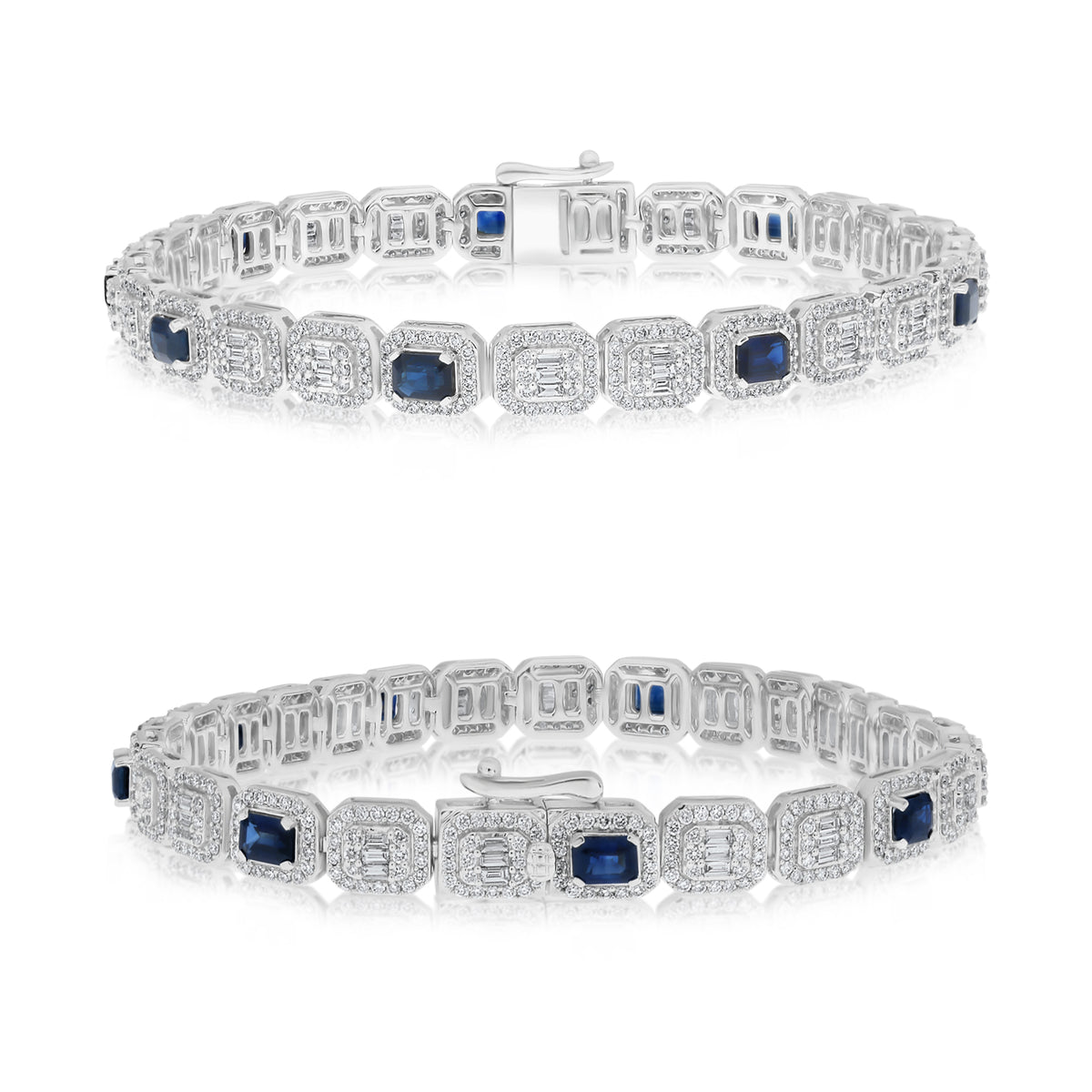 14K White Gold Emerald Cut Sapphire Halo Bracelet