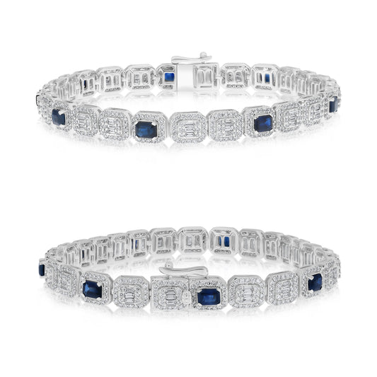 14K White Gold Emerald Cut Sapphire Halo Bracelet
