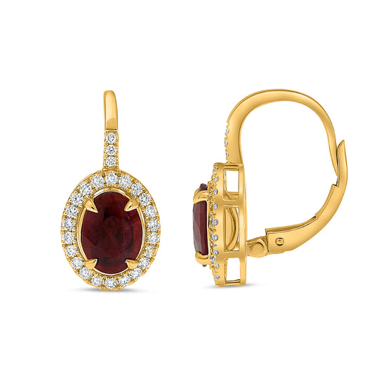 14K Yellow Gold Oval Ruby Halo Earrings