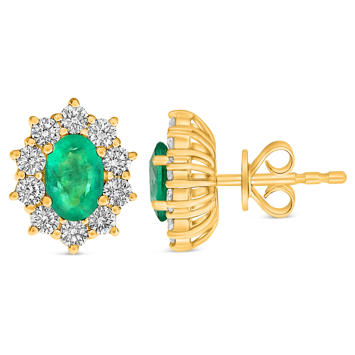 14K Yellow Gold Oval Emerald Halo Earrings