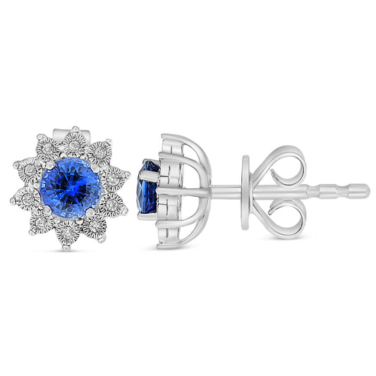 14K White Gold Round Sapphire Halo Earrings