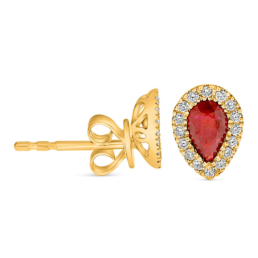 14K Yellow Gold Pear Ruby Halo Earrings