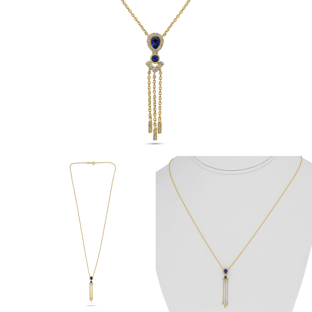 14K Yellow Gold Pear Sapphire Halo Necklace