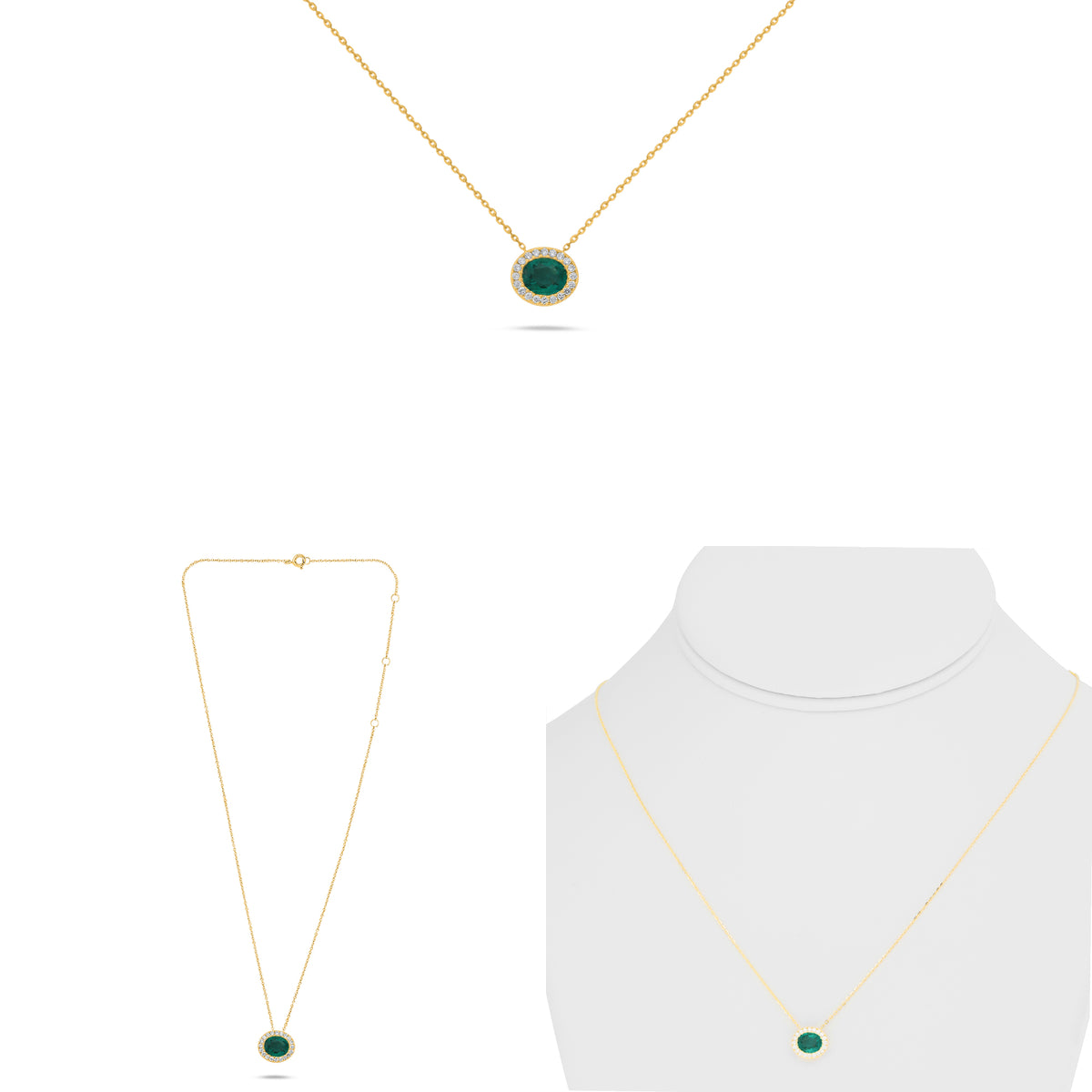 14K Yellow Gold Oval Emerald Halo Necklace
