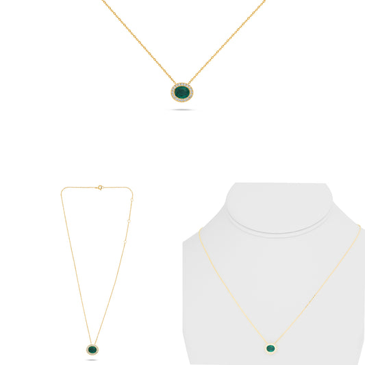 14K Yellow Gold Oval Emerald Halo Necklace