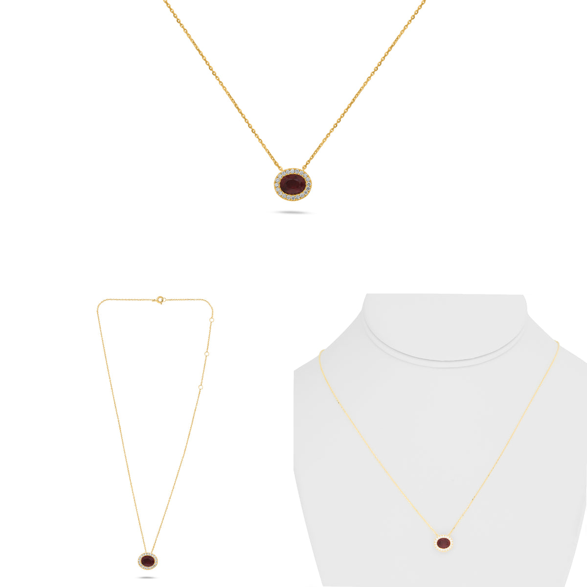 14K Yellow Gold Oval Ruby Halo Necklace