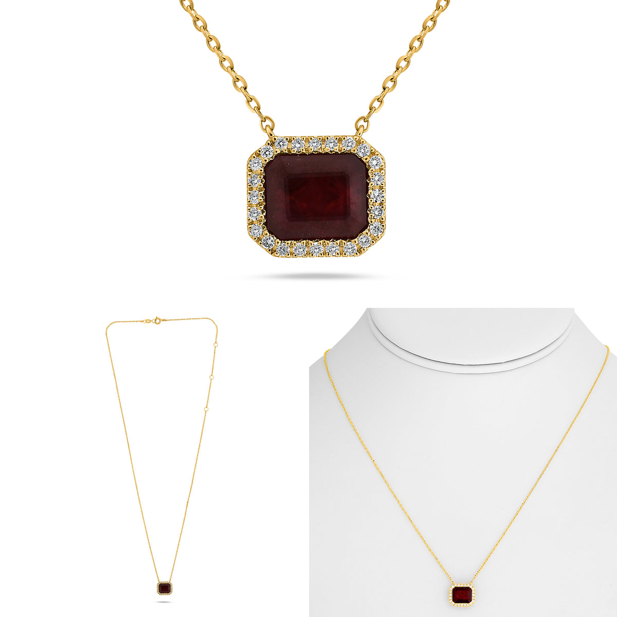 14K Yellow Gold Emerald Cut Ruby Halo Necklace
