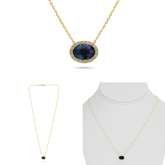 14K Yellow Gold Oval Sapphire Halo Necklace