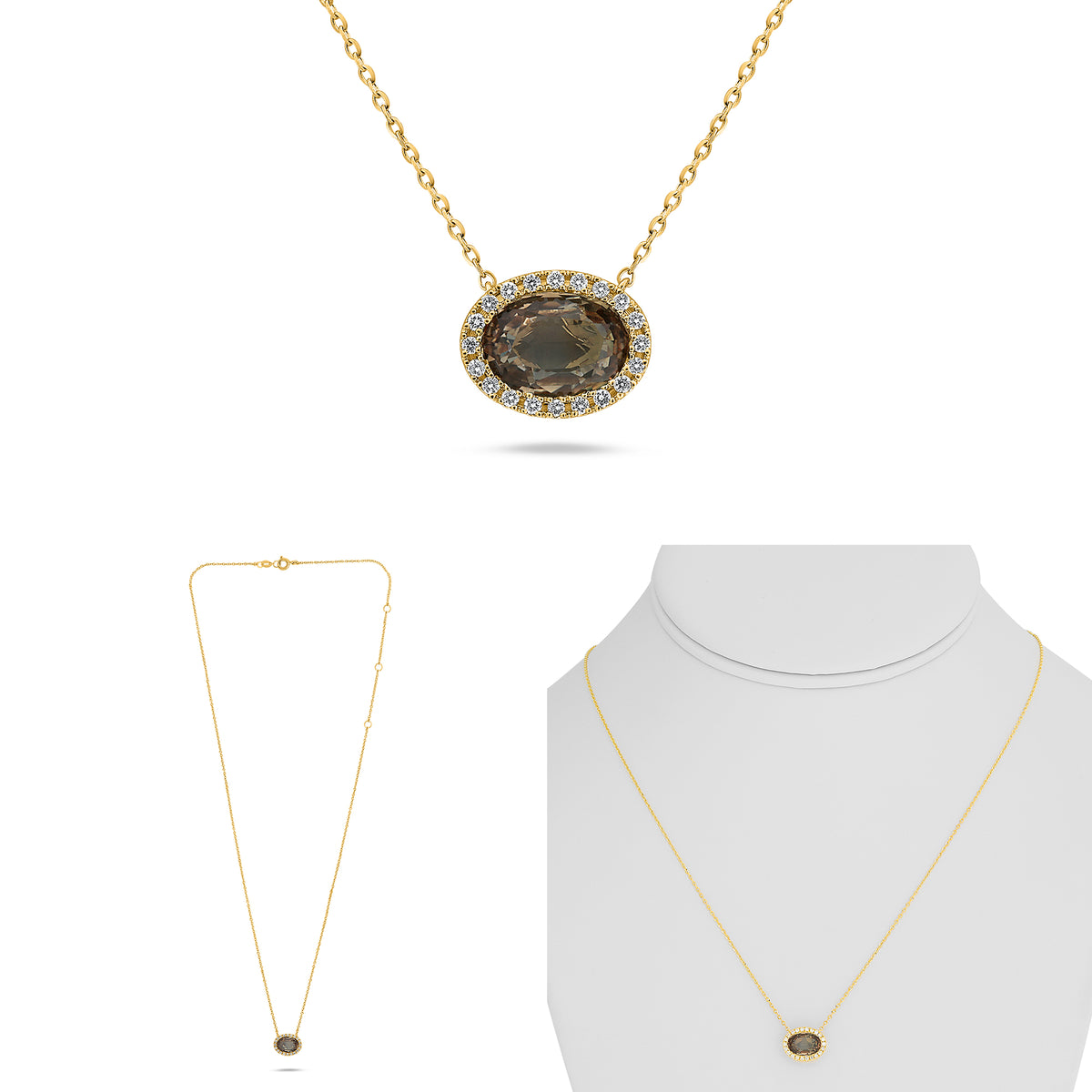 14K Yellow Gold Oval Brown Sapphire Halo Necklace