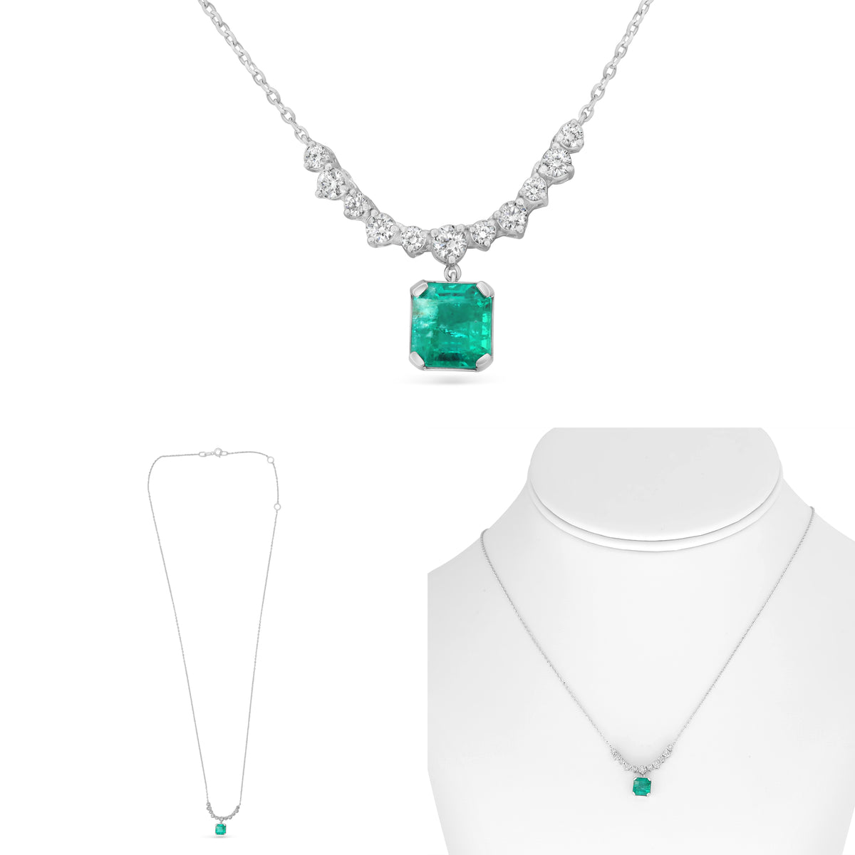 14K White Gold Emerald Cut Emerald Necklace