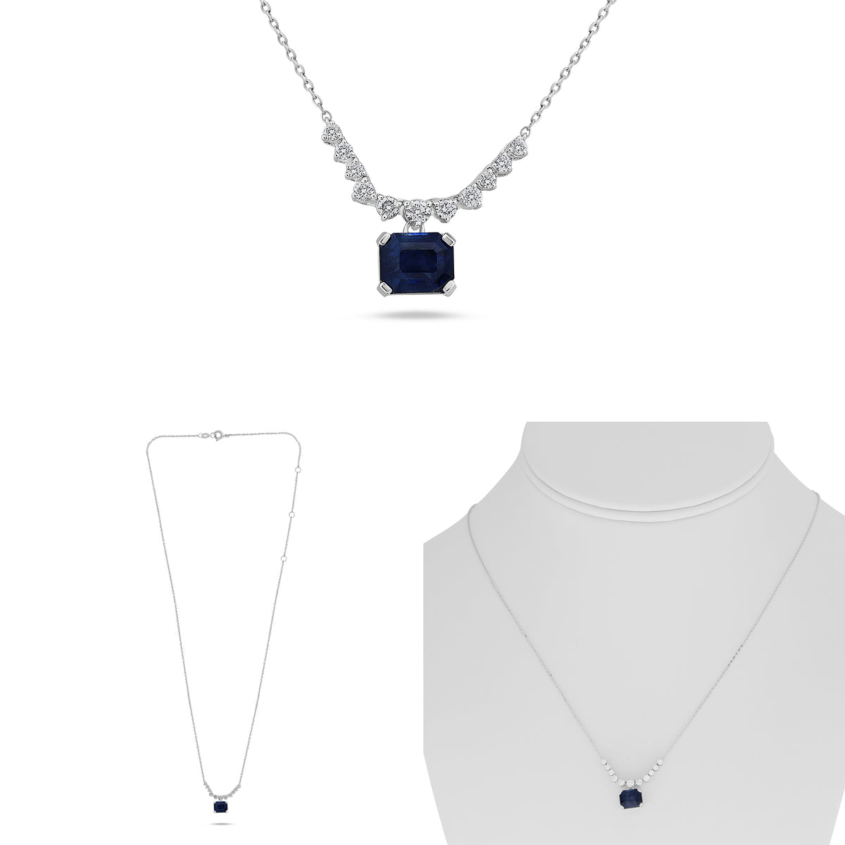 14K White Gold Emerald Cut Sapphire Necklace