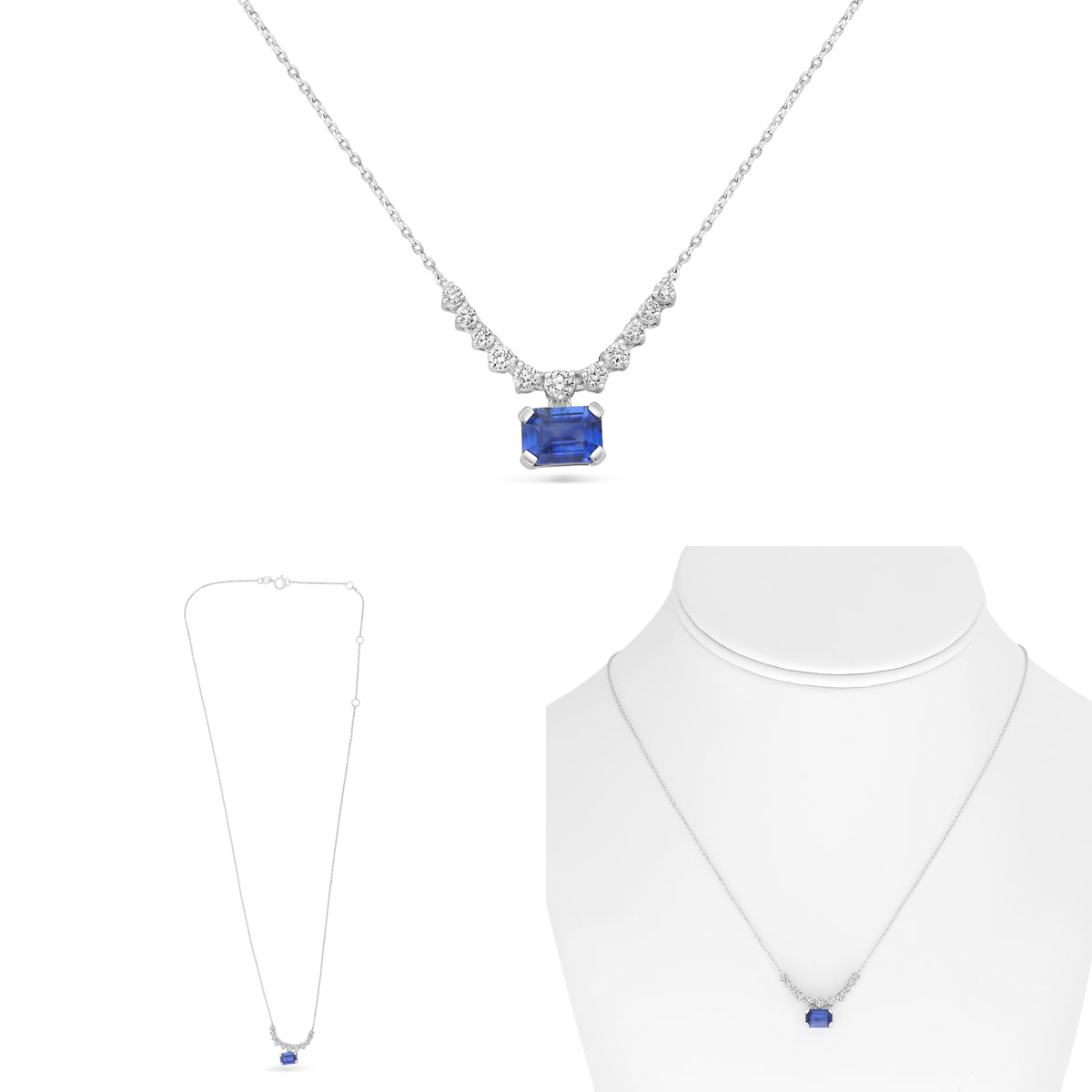 14K White Gold Emerald Cut Sapphire Necklace