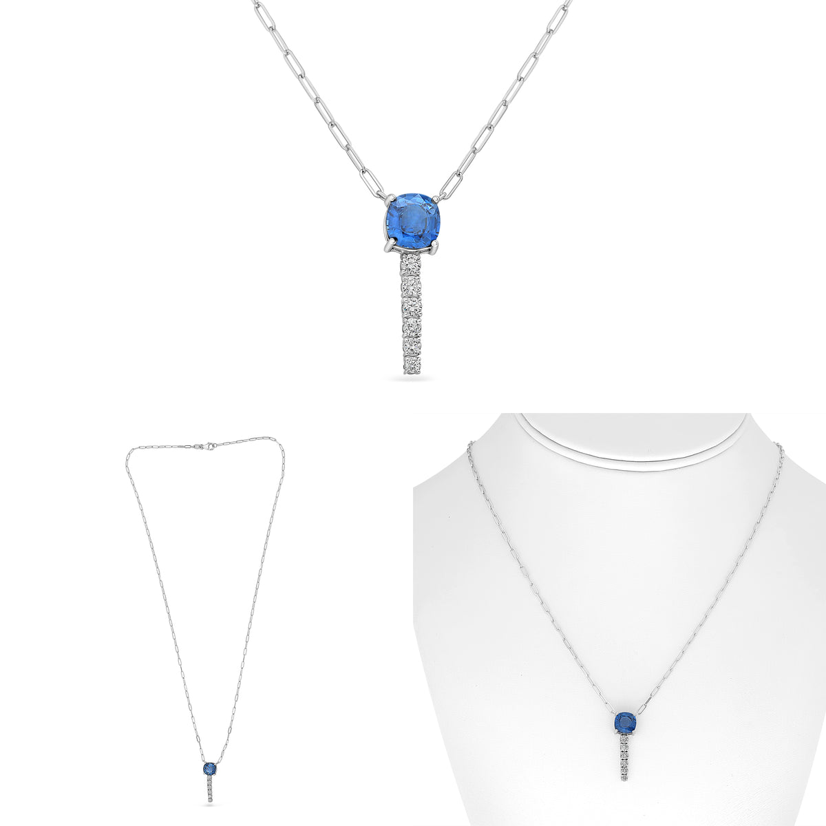 18K White Gold Cushion Sapphire Necklace