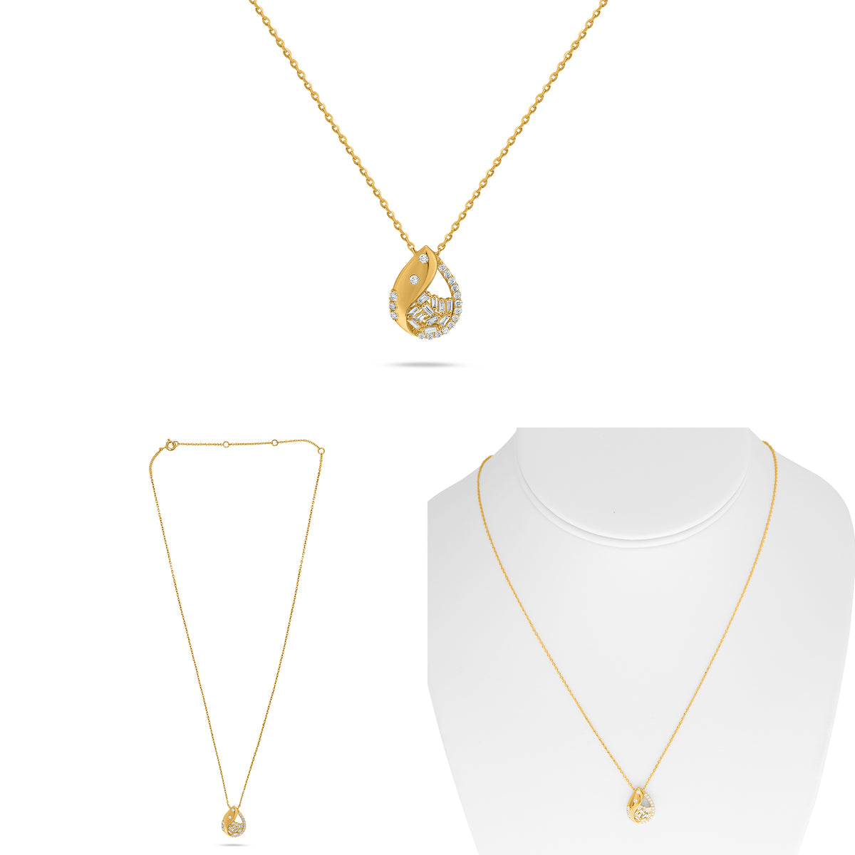 14K Yellow Gold Baguette Diamond Cluster Necklace