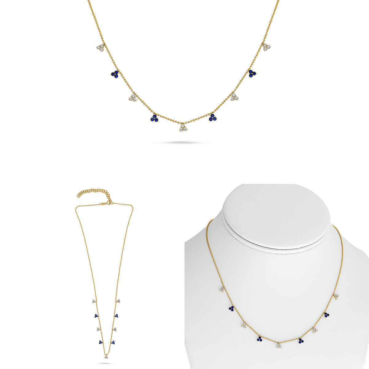 14K Yellow Gold Round Sapphire Cluster Necklace