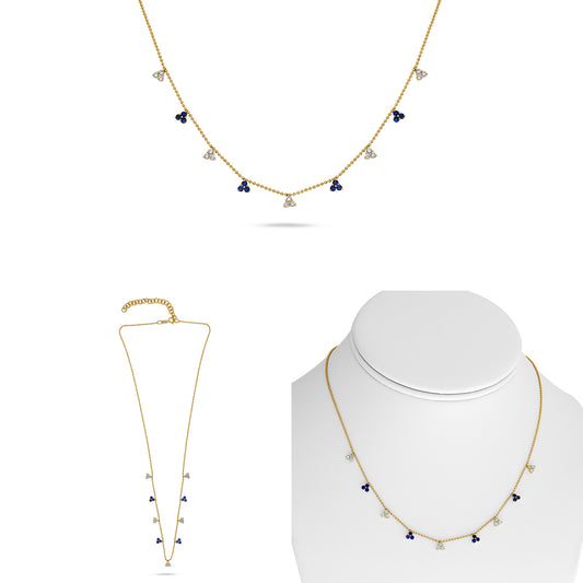 14K Yellow Gold Round Sapphire Cluster Necklace